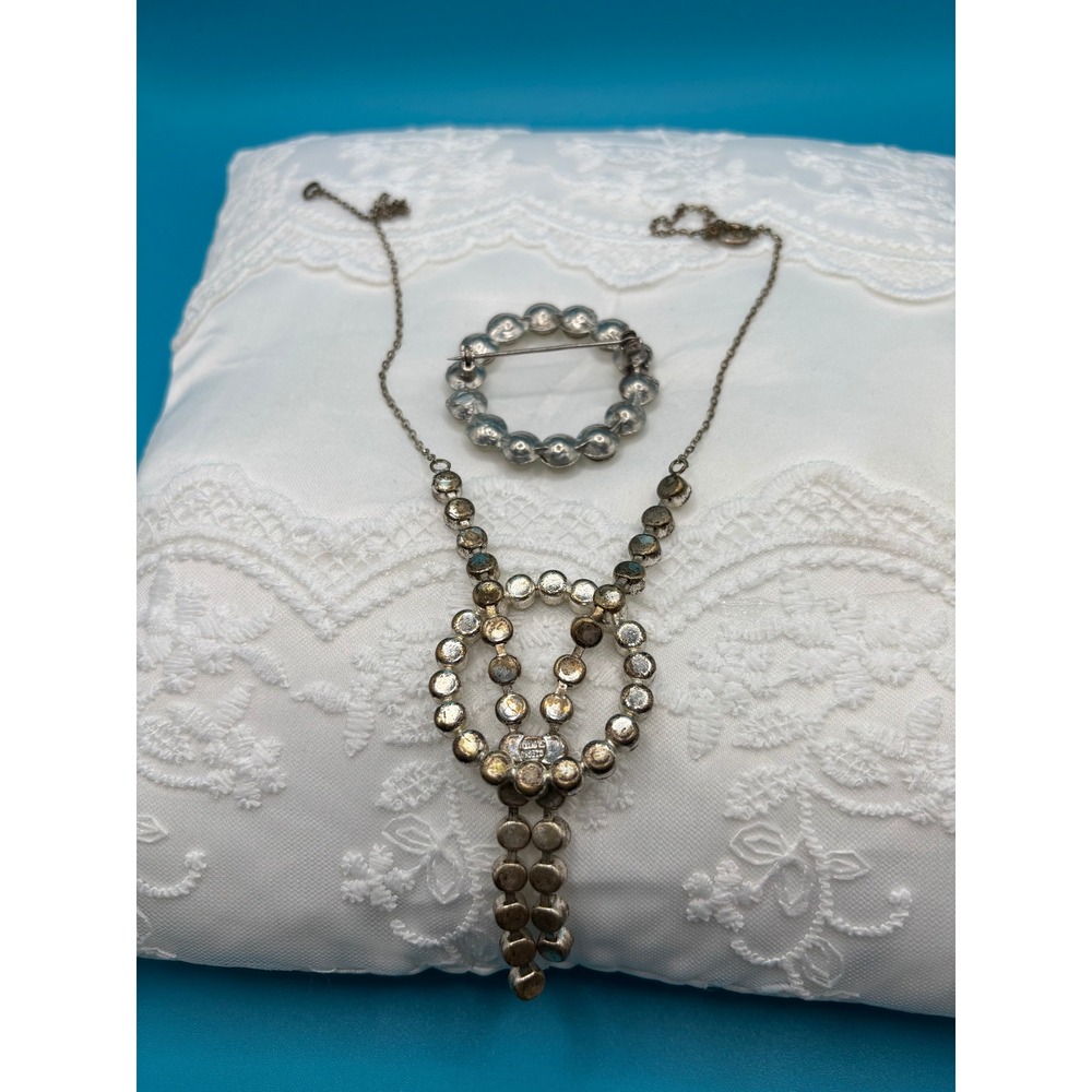 Vintage Rhinestone Circle Brooch Necklace Jewelry Set - Picture 7 of 8